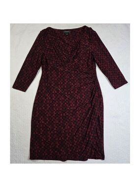 Ralph Lauren Faux Wrap Side Ruched 3/4 Sleeve Burgundy Red Geometric Dress